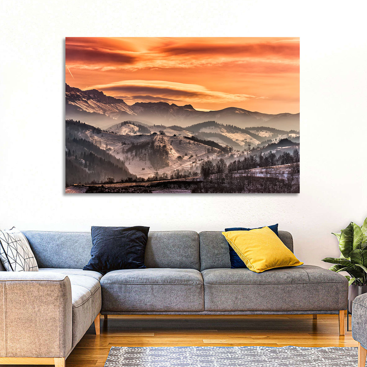 Pestera Mountain Sunrise Wall Art in a room, landscape