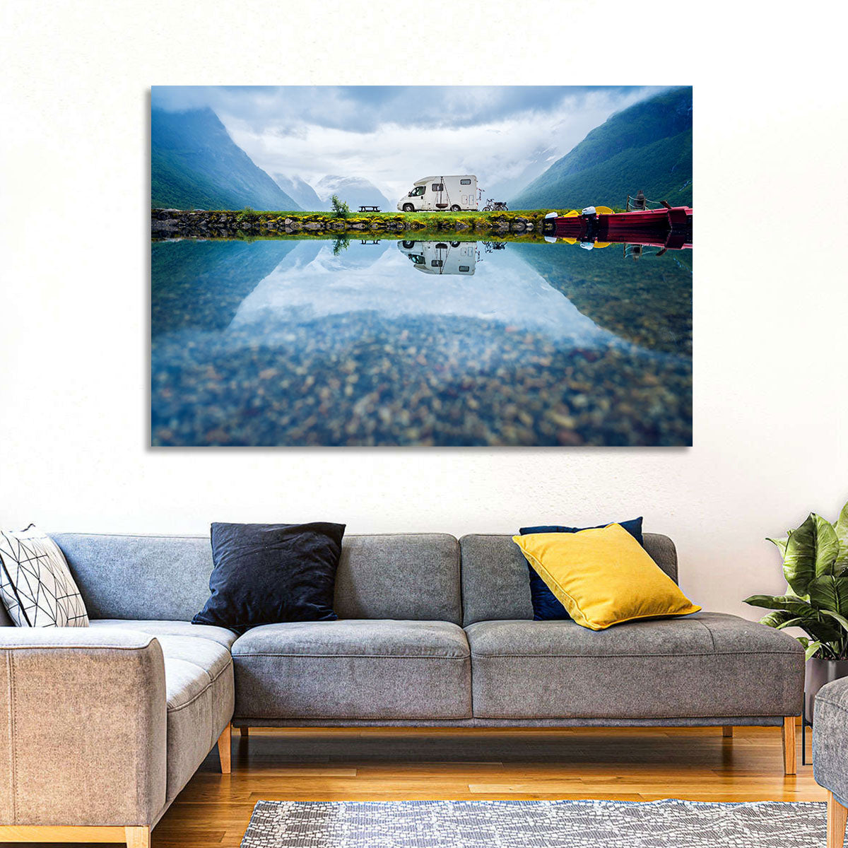 Motorhome by Mountain Lake Wall Art in a room, landscape