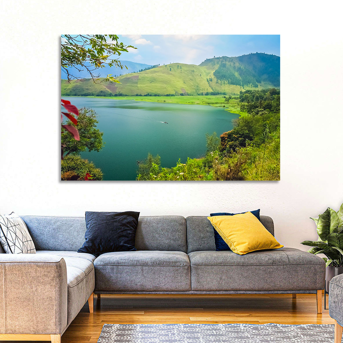 Lake Toba Boat and Hills Wall Art in a room, landscape