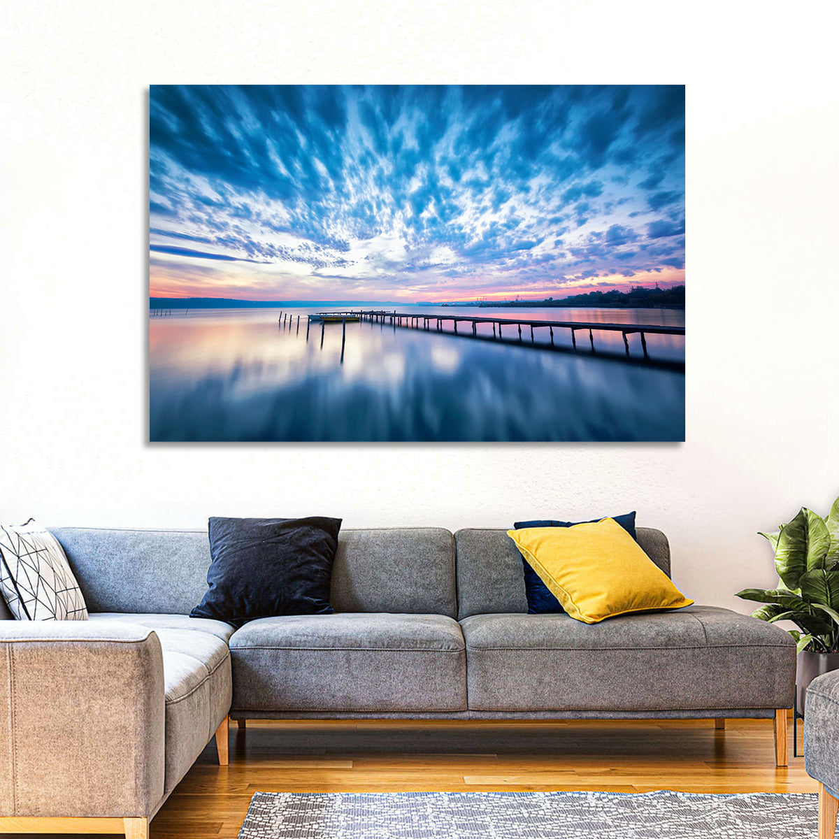 Cloudy Lake Pier at Dusk Wall Art in a room, landscape