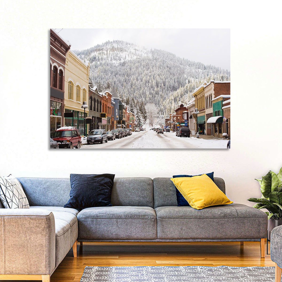 Snow Covered Mountain Main Street Wall Art in a room, landscape