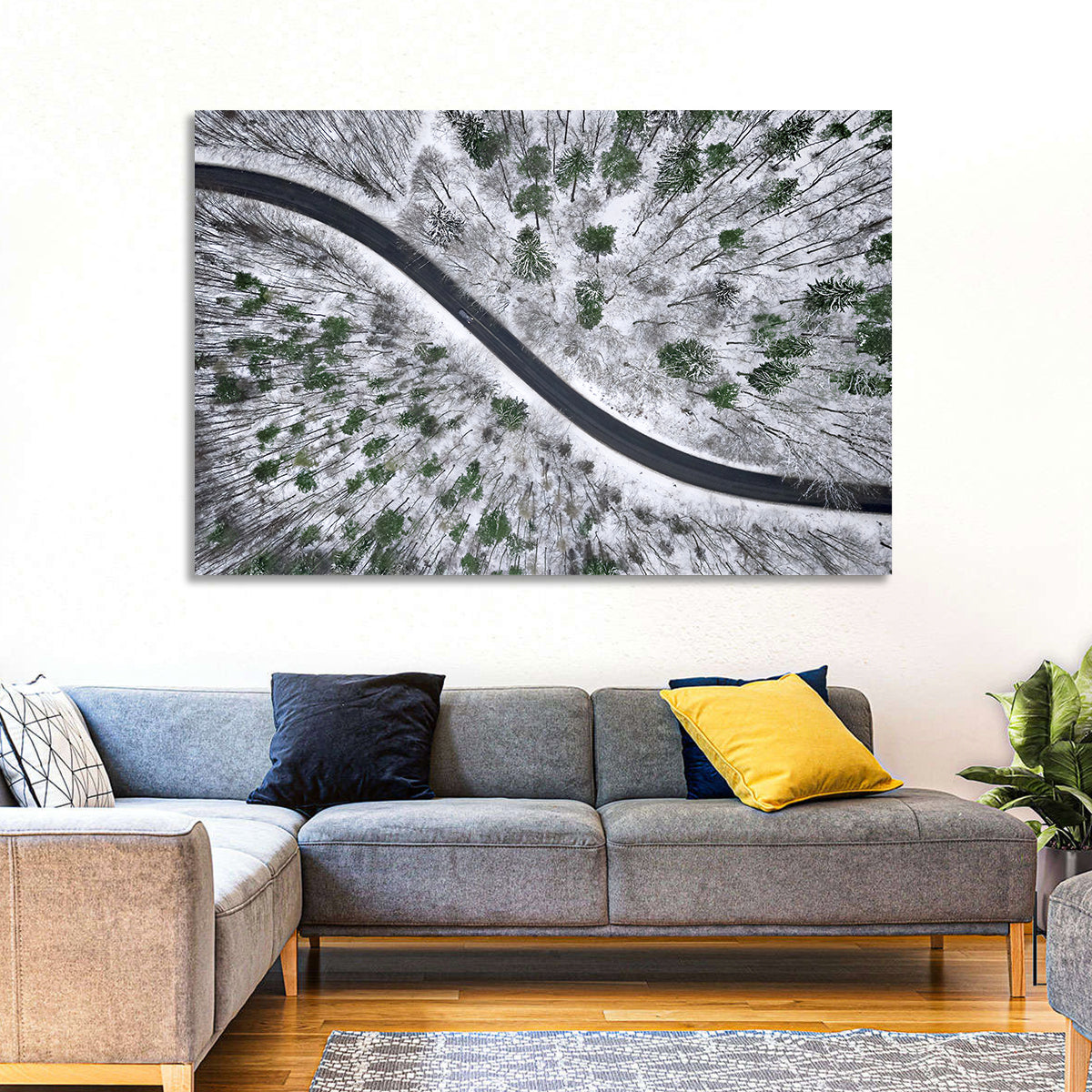 Snowy Forest Road Wall Art in a room, landscape