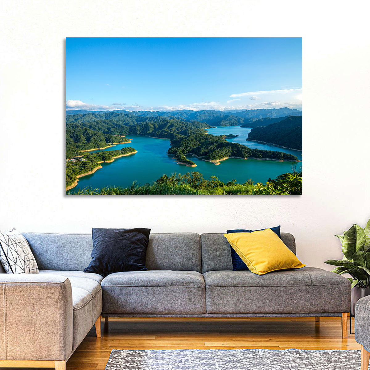 Emerald Qiandao Lake Wall Art in a room, landscape