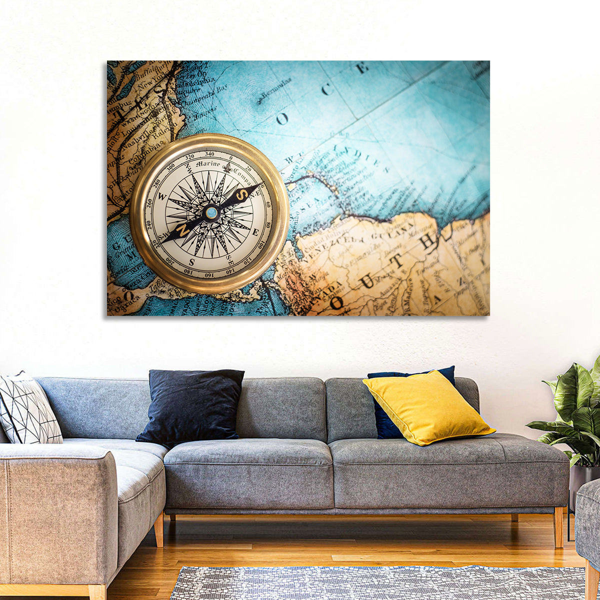 Vintage Compass Over Atlantic Map Wall Art in a room, landscape
