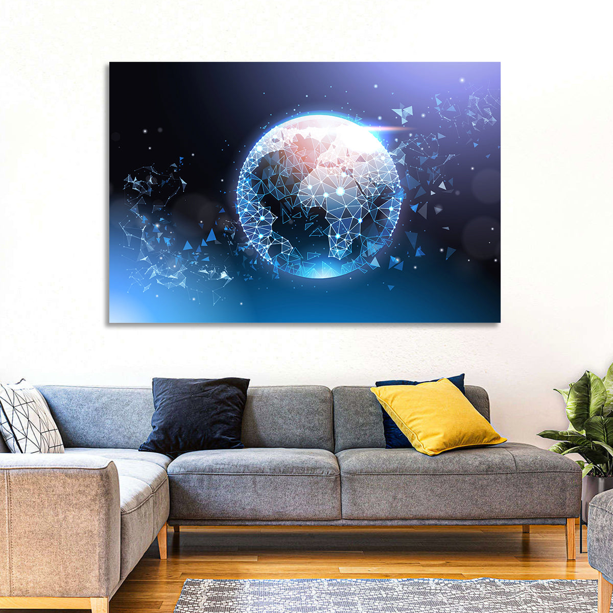 Wireframe Globe Network Wall Art in a room, landscape