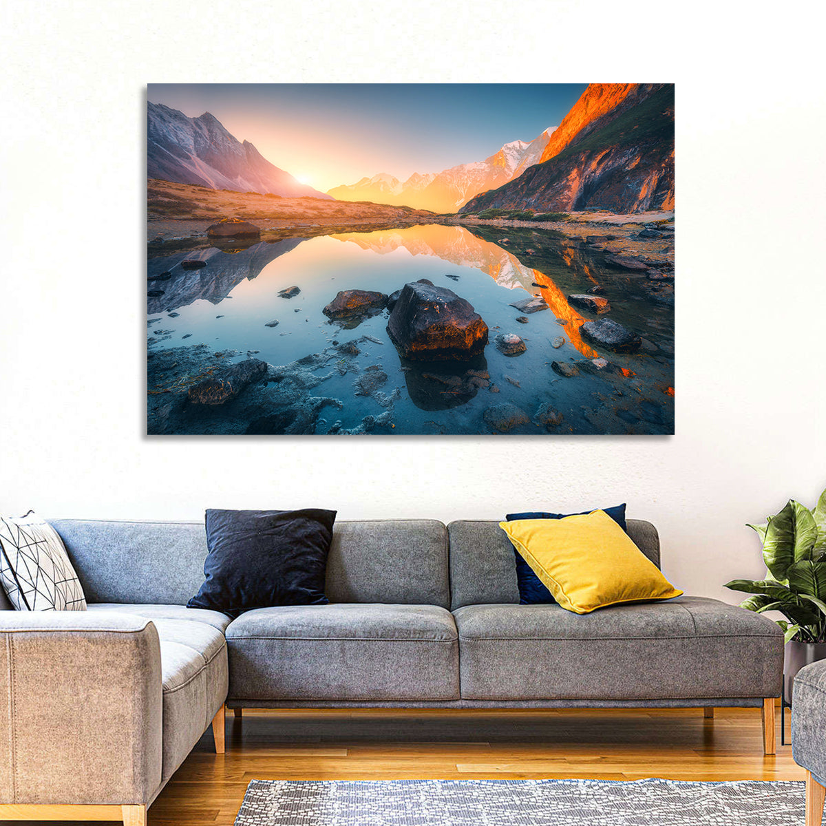 Himalayan Lake Reflections Wall Art in a room, landscape