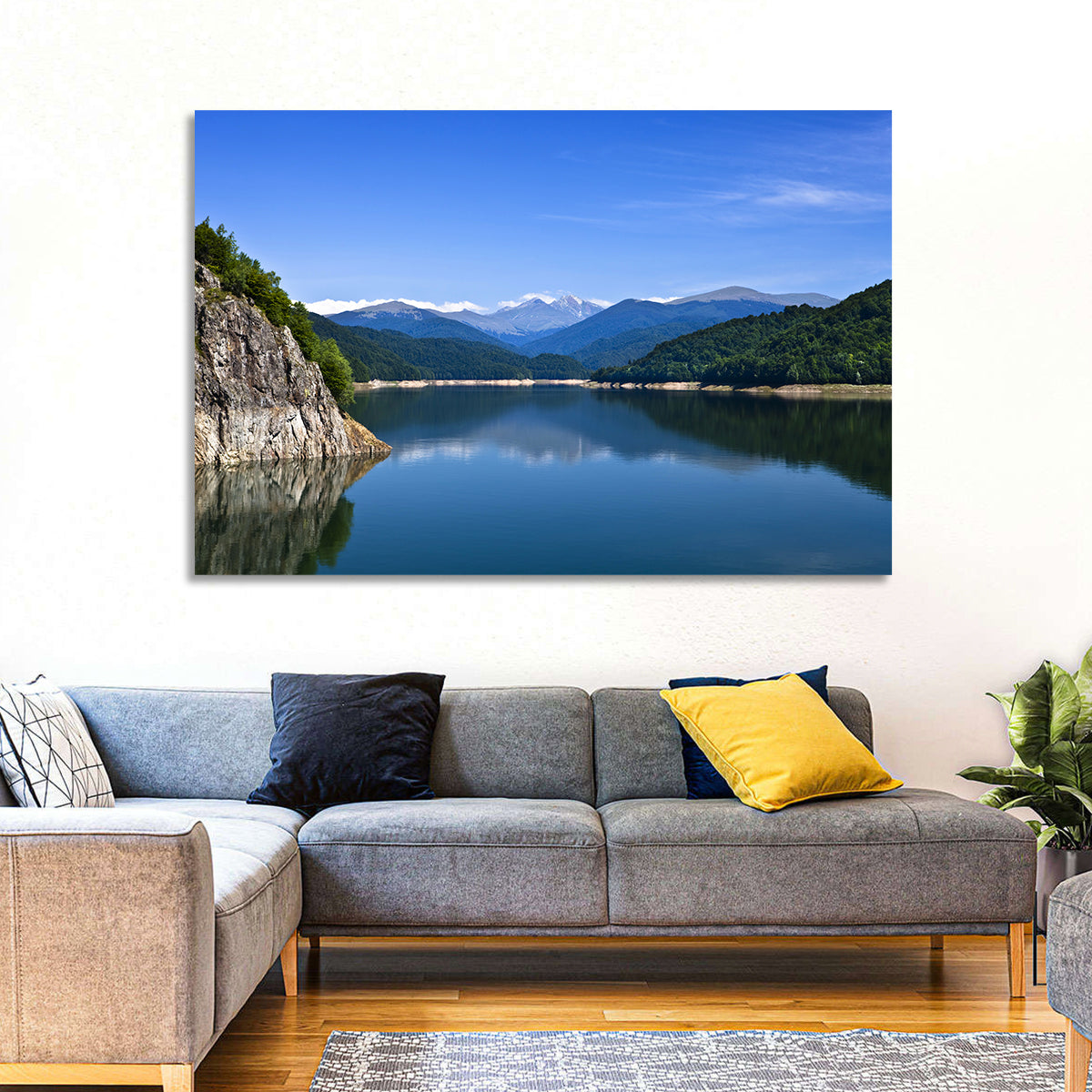 Cliffside Mountain Lake Reflection Wall Art in a room, landscape