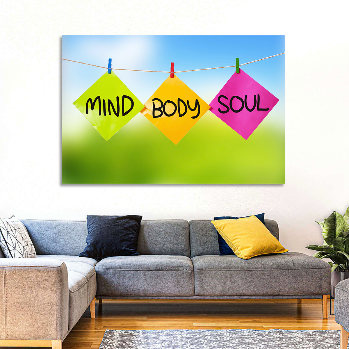 Mind Body Soul Paper Trio Wall Art in a room, landscape