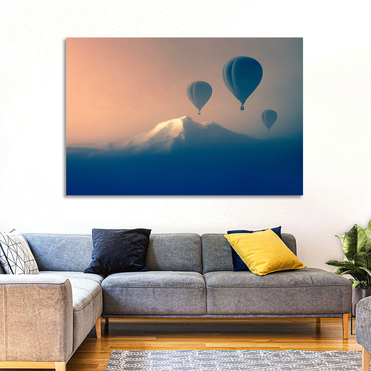 Three Hot Air Balloons Over Misty Peak Wall Art in a room, landscape