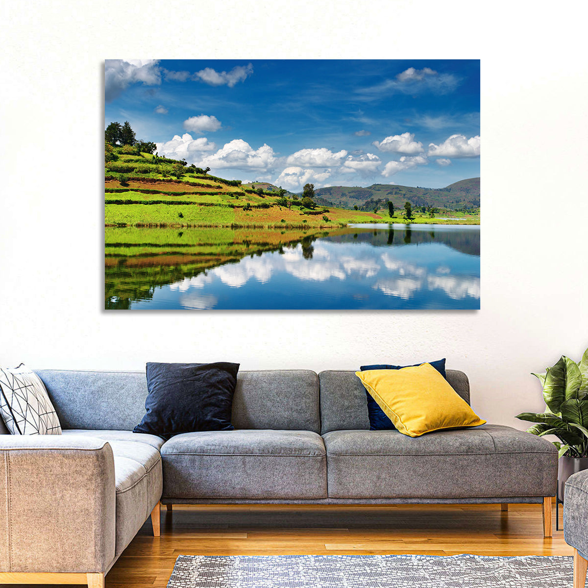 Bunyonyi Lake Reflection Wall Art in a room, landscape