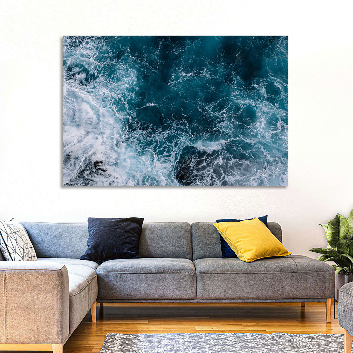 Aerial Swirling Ocean Waves Wall Art in a room, landscape