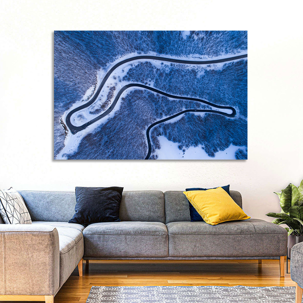 Montenegro Snowy Mountain Road Wall Art in a room, landscape