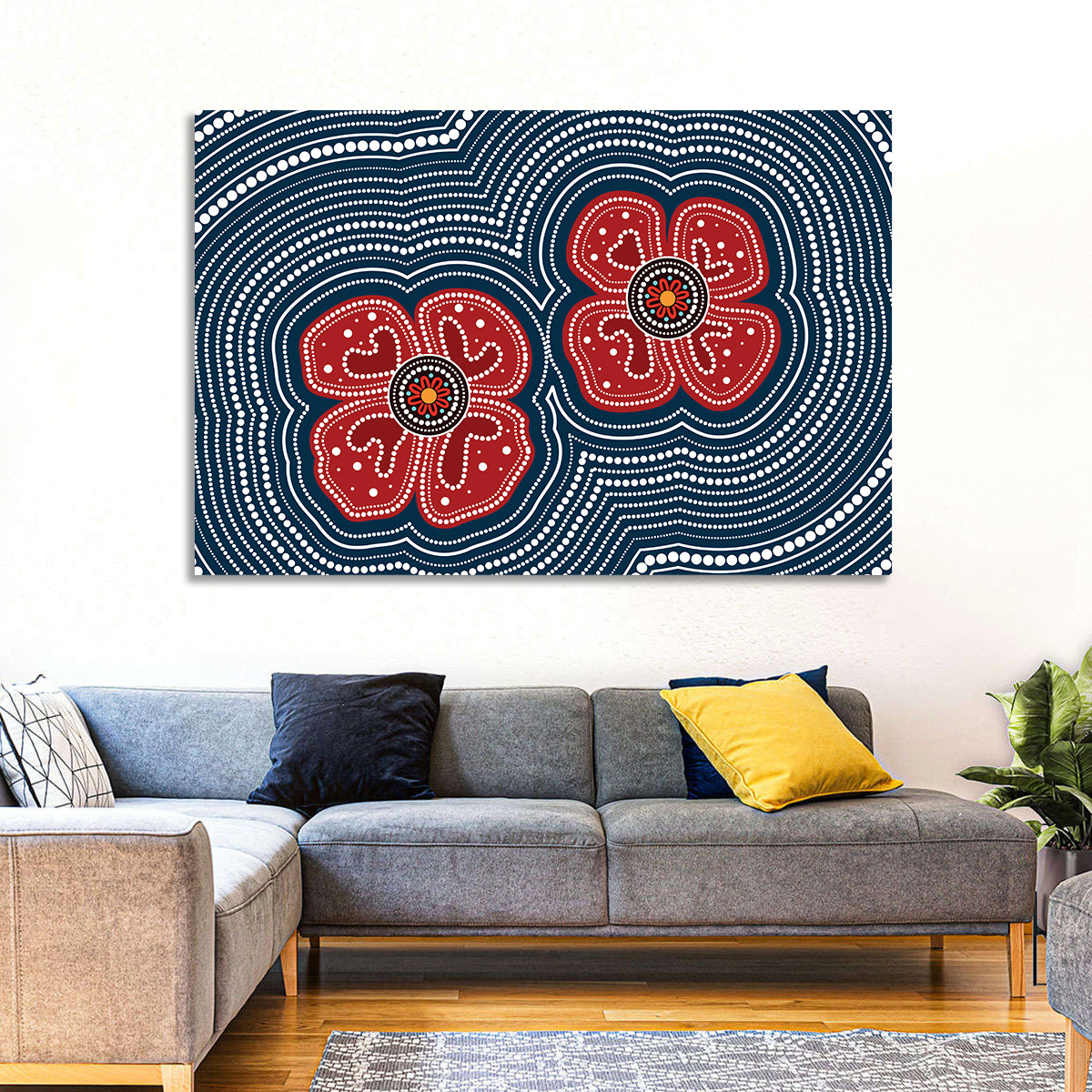 Aboriginal Poppy Duo Wall Art in a room, landscape