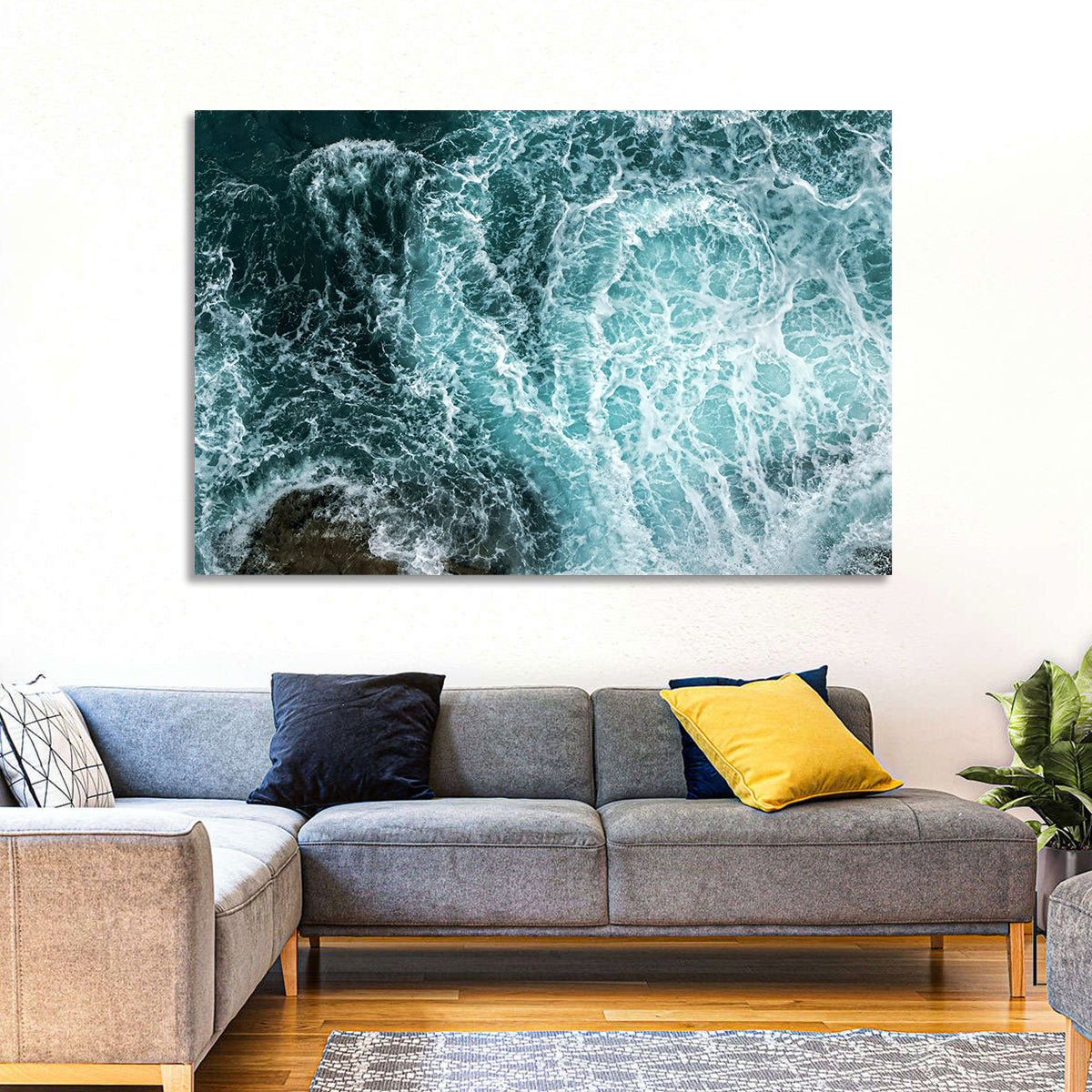 Aerial Ocean Waves with Sea Foam Wall Art in a room, landscape