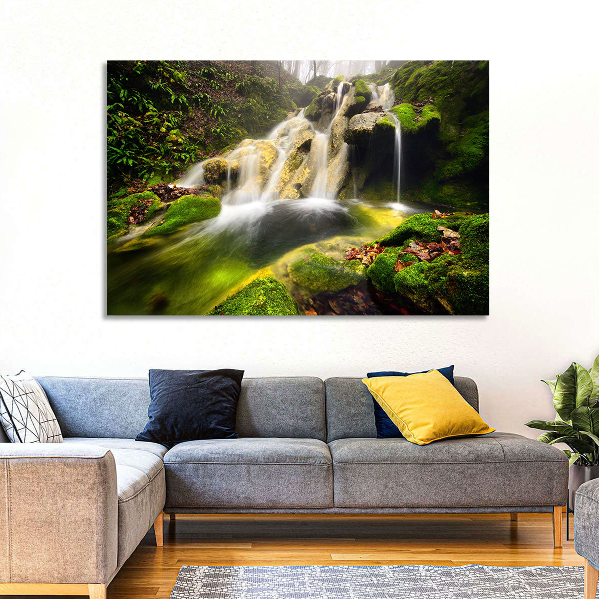 Cheile Nerei Mossy Waterfall Wall Art in a room, landscape