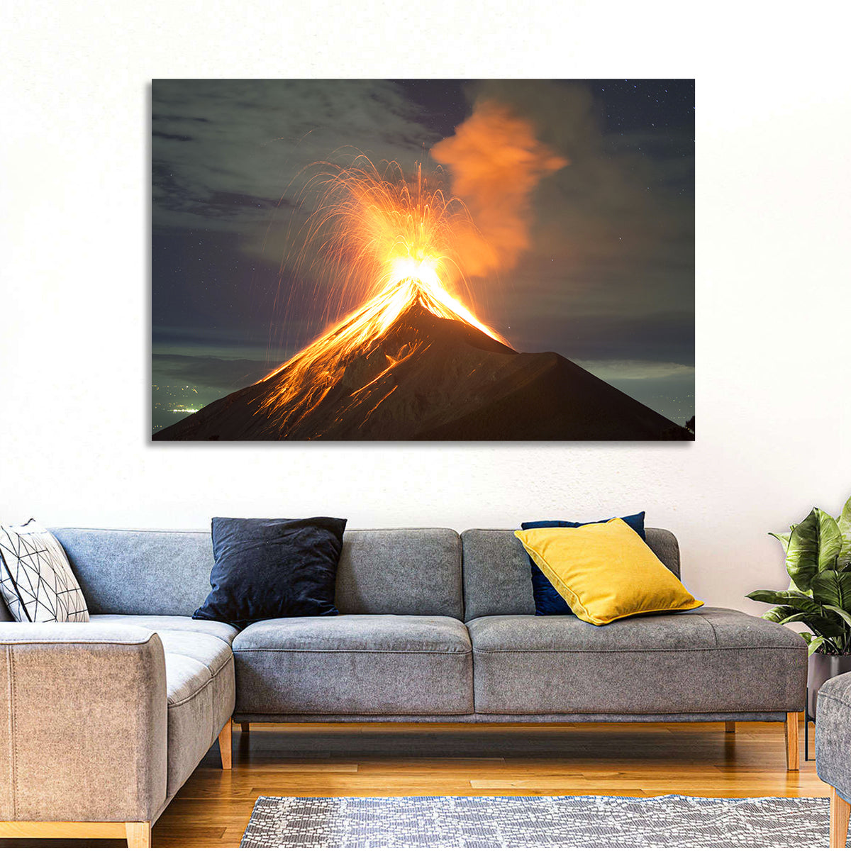 Starry Night Volcano Eruption Wall Art in a room, landscape