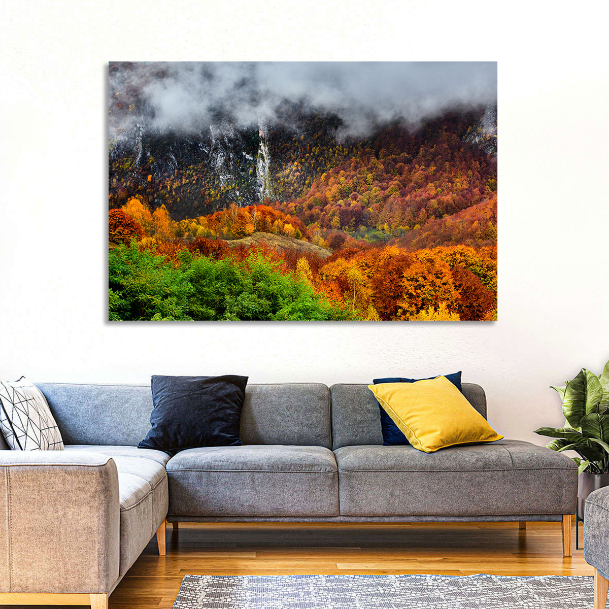 Misty Carpathian Autumn Wall Art in a room, landscape