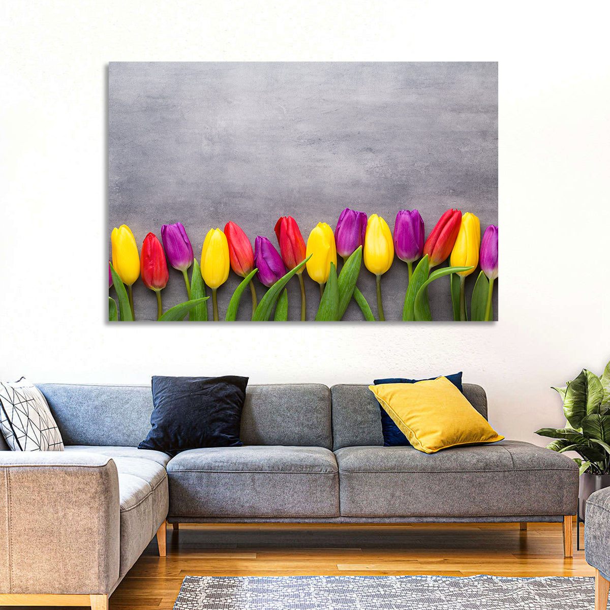 Row of Multicolored Tulips Wall Art in a room, landscape
