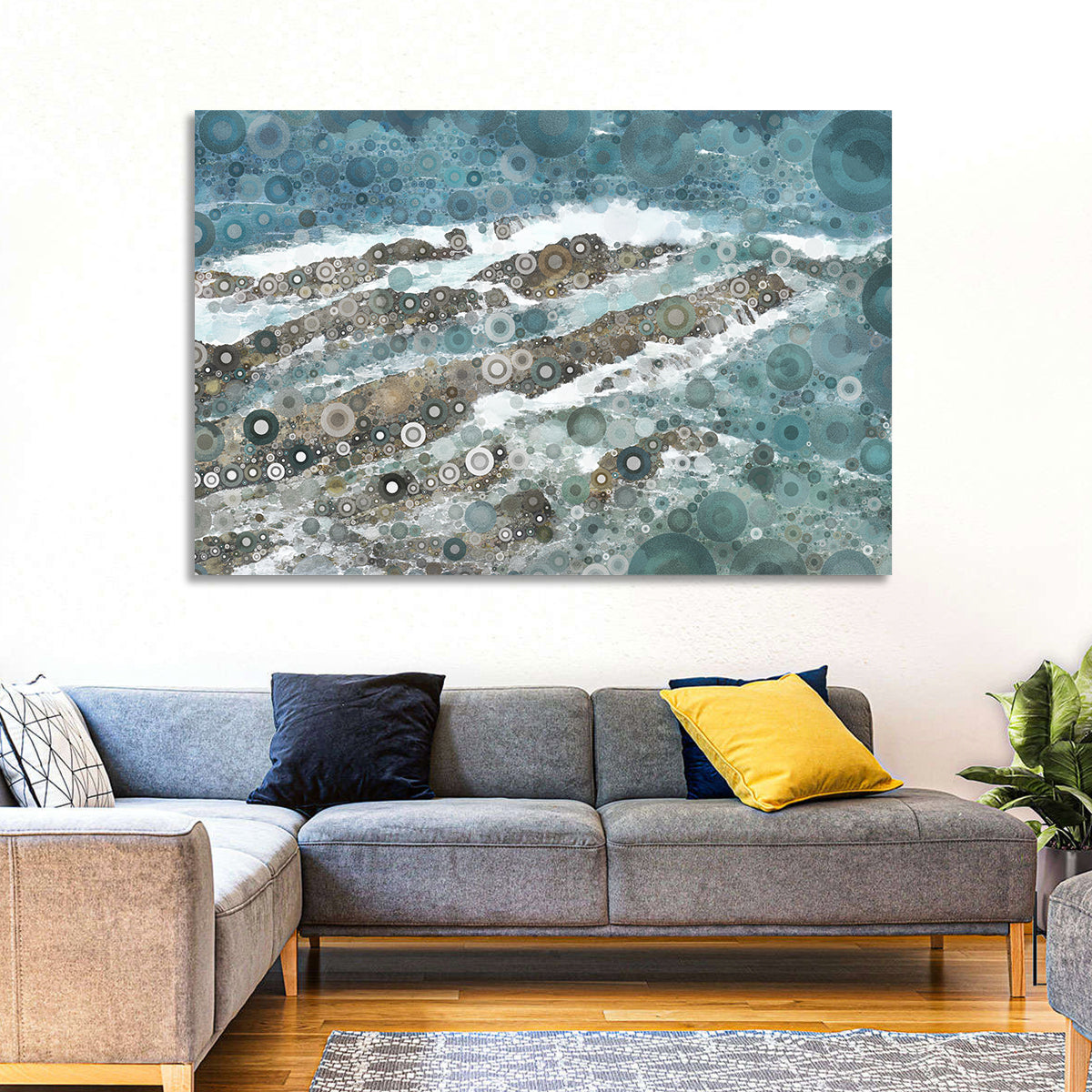 Teal Mosaic Ocean Wave Wall Art in a room, landscape