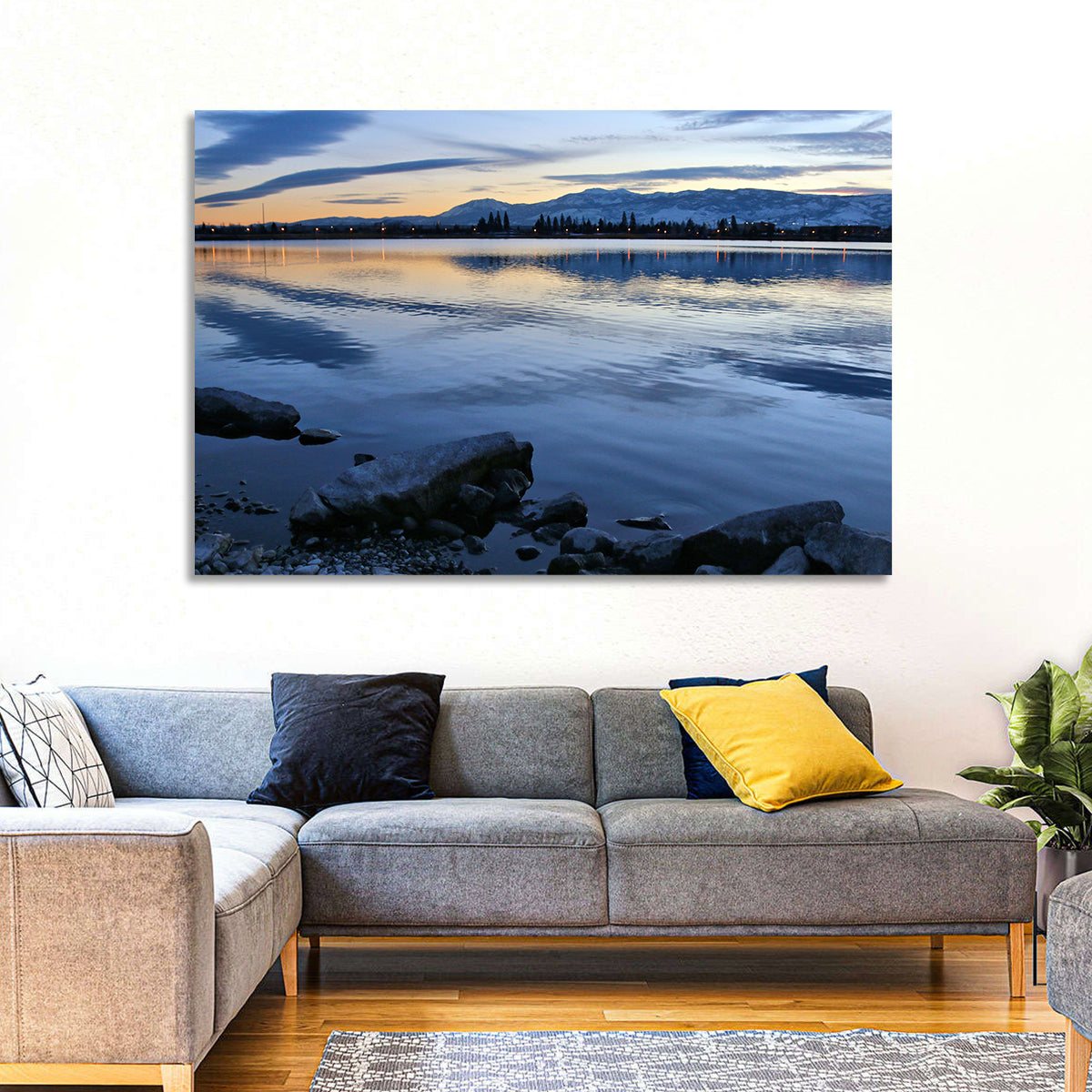 Sparks Marina Twilight Reflection Wall Art in a room, landscape
