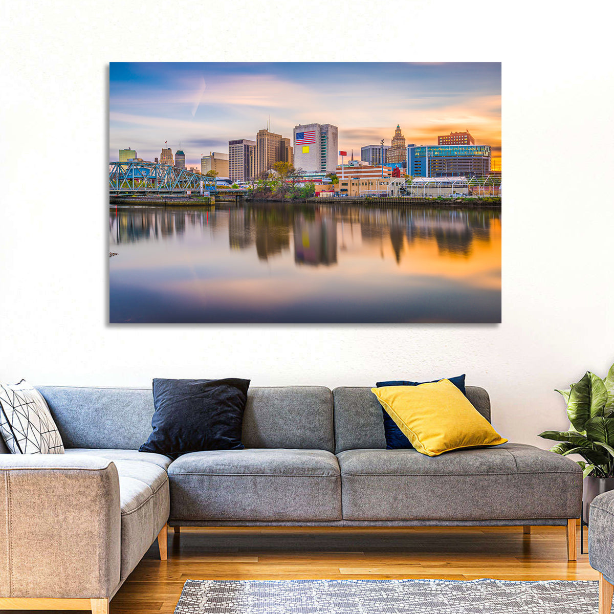 Providence Skyline at Golden Hour Wall Art in a room, landscape