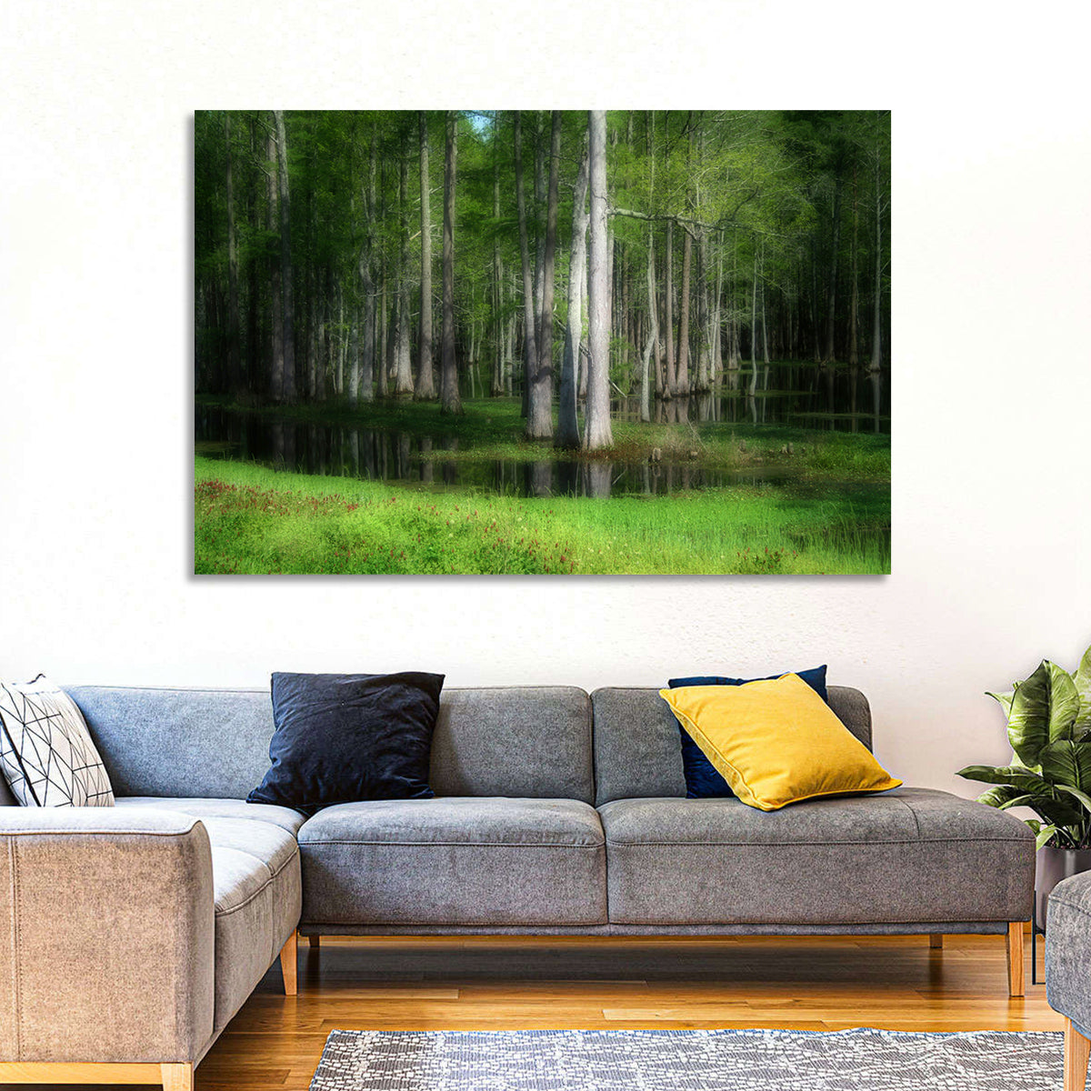 Lush Cypress Swamp Wall Art in a room, landscape