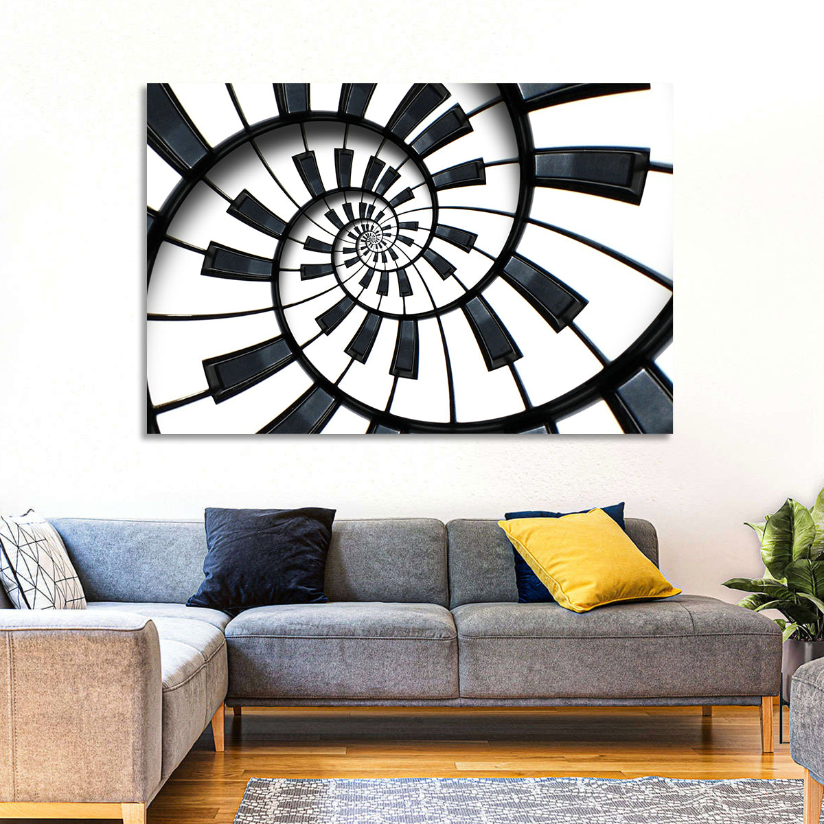 Recursive Spiral Piano Keys Wall Art in a room, landscape