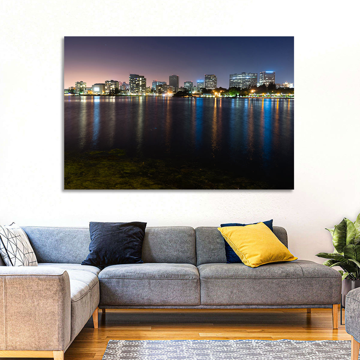 Oakland Skyline Over Lake Merritt Wall Art in a room, landscape