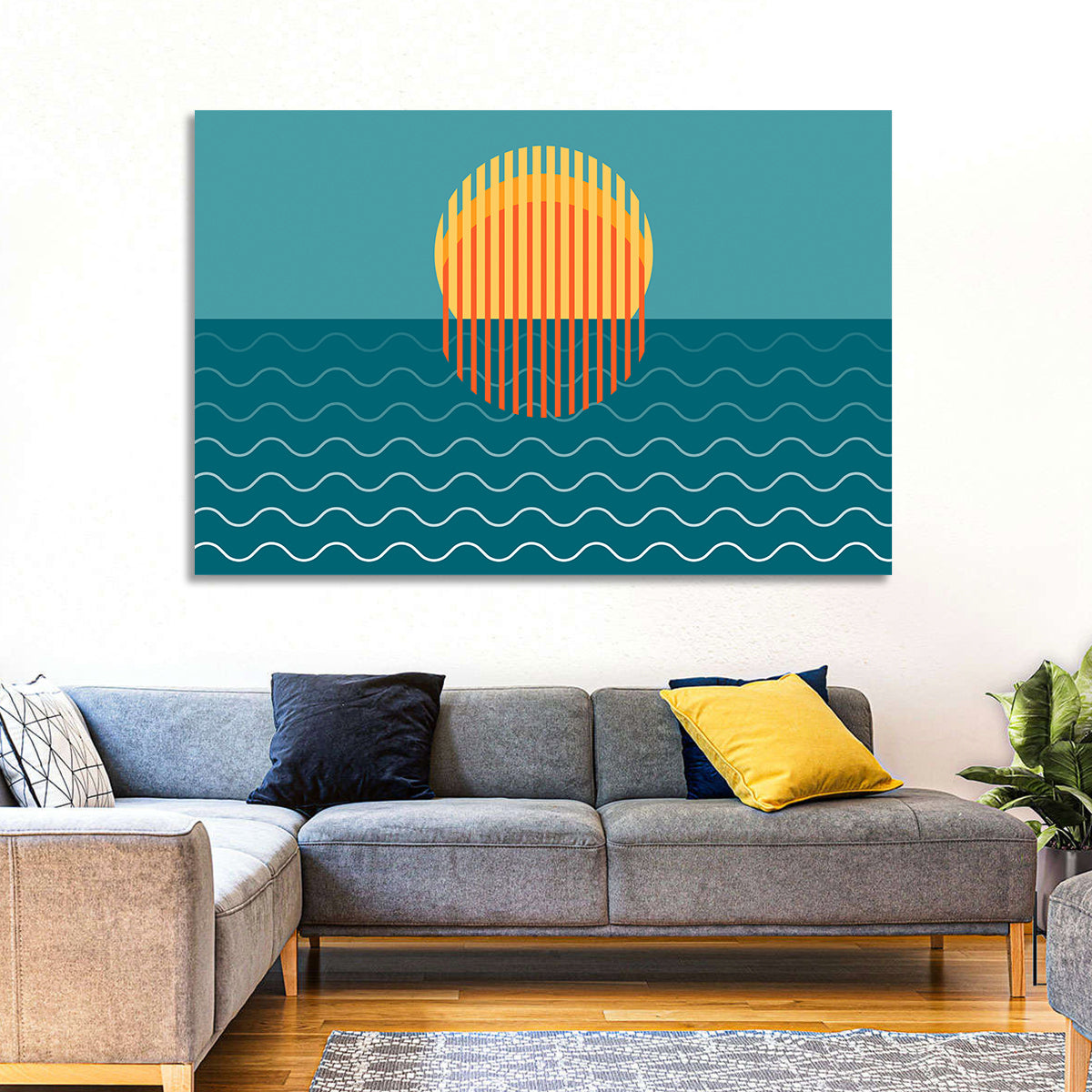 Teal Ocean Sunset Illustration Wall Art