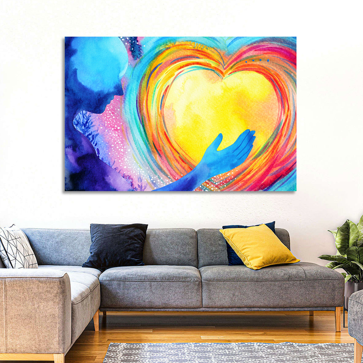 Blue Silhouette with Radiant Heart Wall Art in a room, landscape