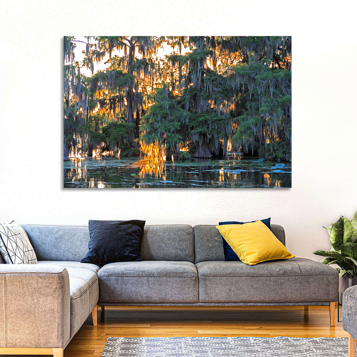 Lake Martin Cypress Reflection Wall Art in a room, landscape