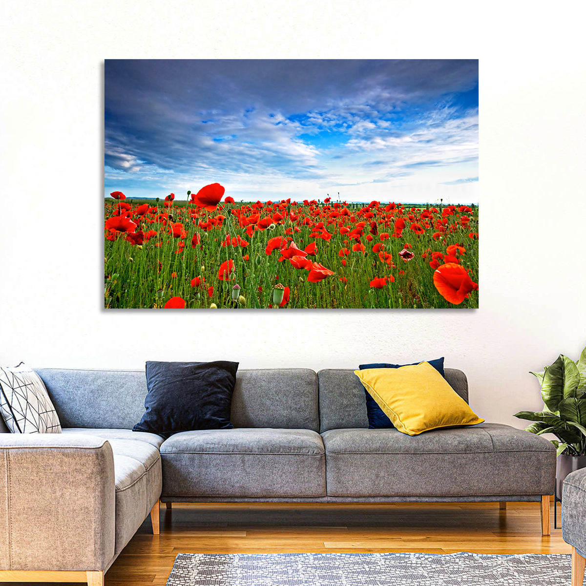 Red Poppy Field Wall Art in a room, landscape