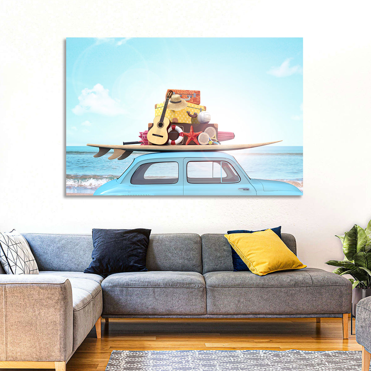 Vintage Car with Surfboard Wall Art