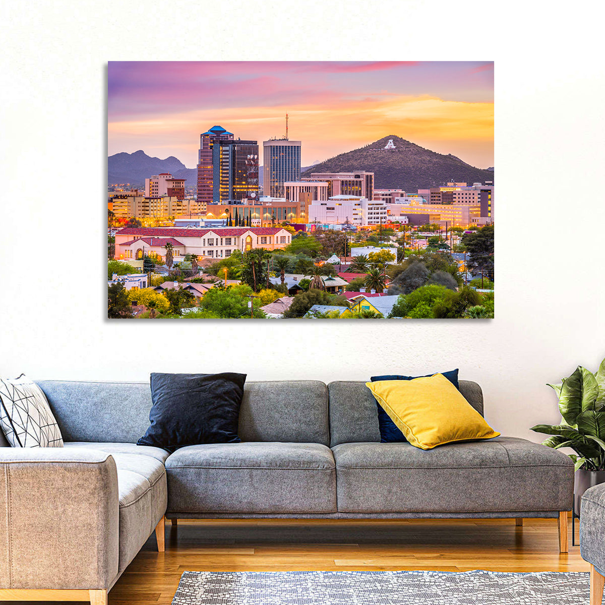 Tucson Skyline at Golden Hour Wall Art in a room, landscape