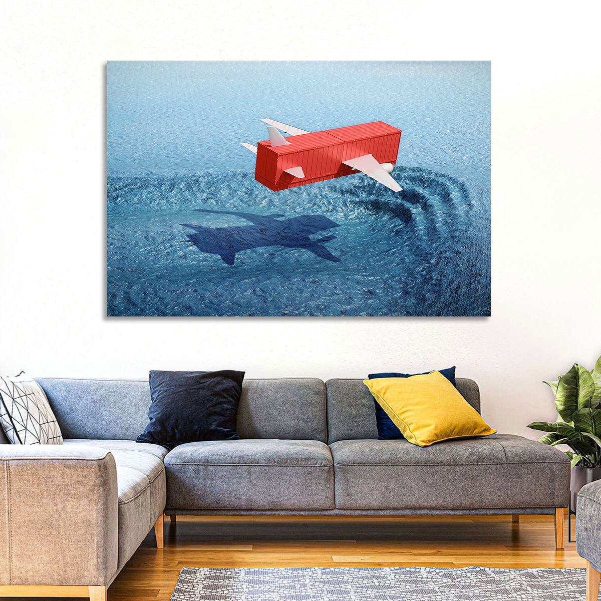 Flying Shipping Container Wall Art in a room, landscape