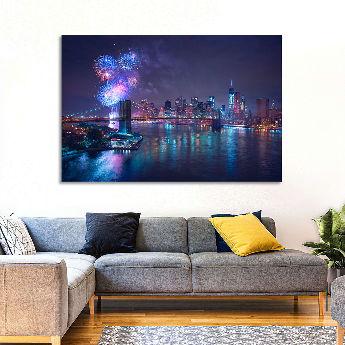 Fireworks Over Brooklyn Bridge Wall Art in a room, landscape