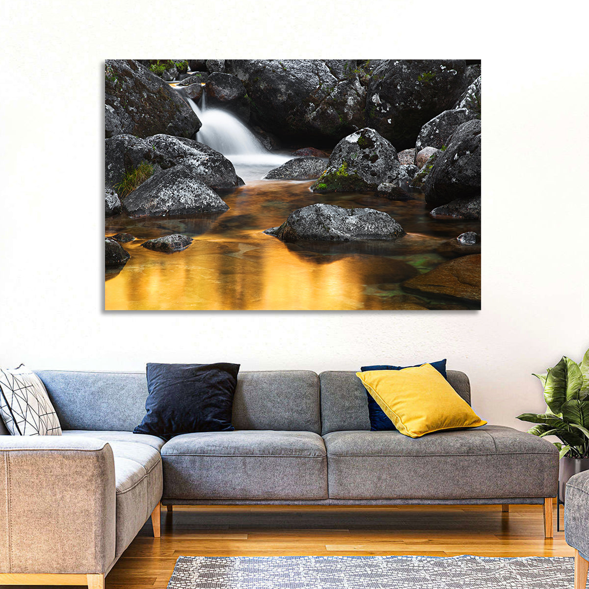 Golden Stream Waterfall Wall Art in a room, landscape