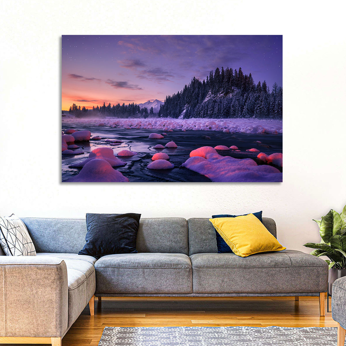 Twilight River and Snowy Pines Wall Art