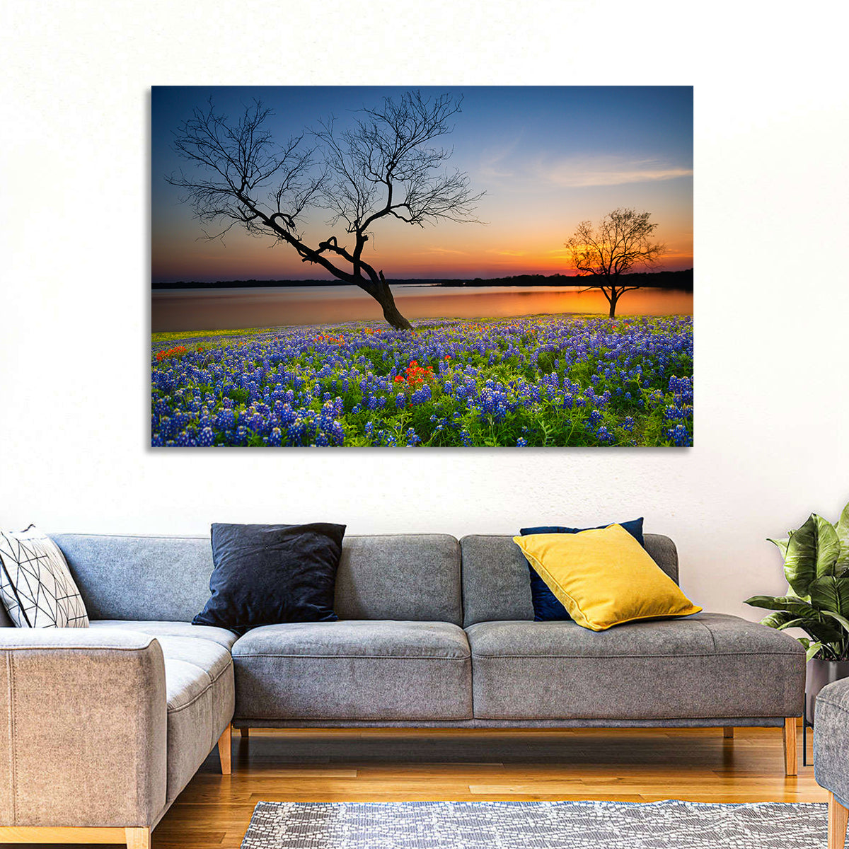 Texas Bluebonnet Sunset Wall Art in a room, landscape
