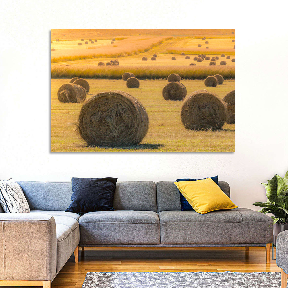 Hay Bales at Golden Hour Wall Art in a room, landscape
