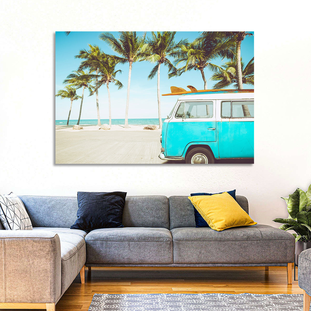 Vintage Vw Bus on Tropical Beach Wall Art in a room, landscape