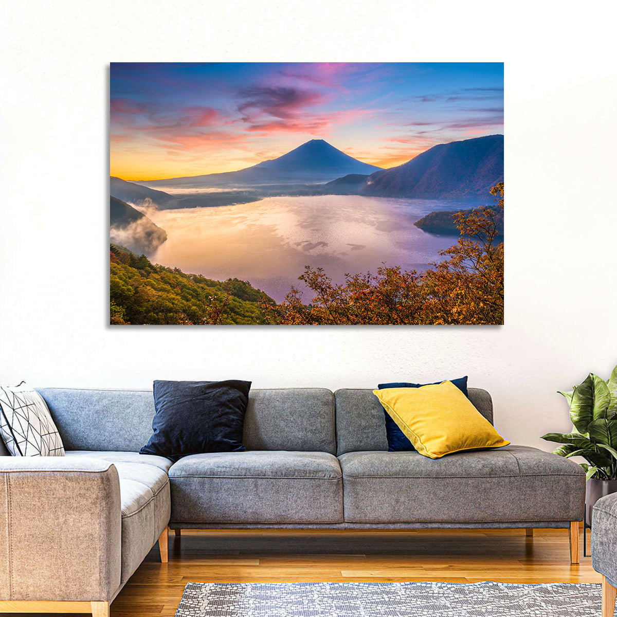 Mount Fuji at Lake Motosu, Autumn Sunrise Wall Art in a room, landscape
