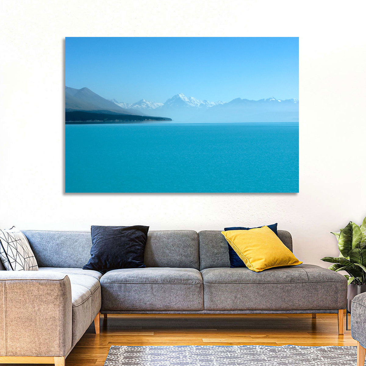 Turquoise Lake Pukaki View of Mount Cook Wall Art in a room, landscape