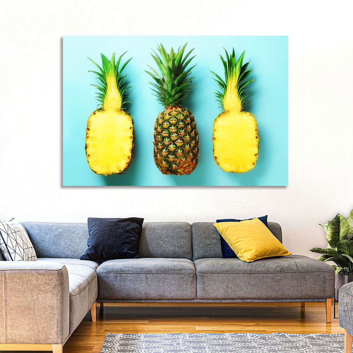 Three Pineapples Minimalist Design Wall Art in a room, landscape