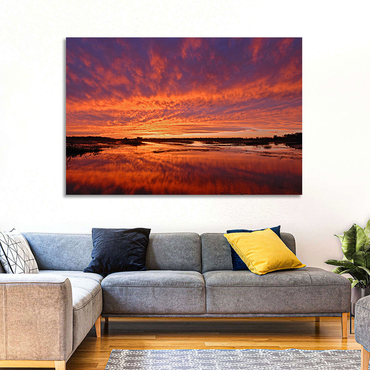 Louisiana Wetland Sunset Wall Art in a room, landscape