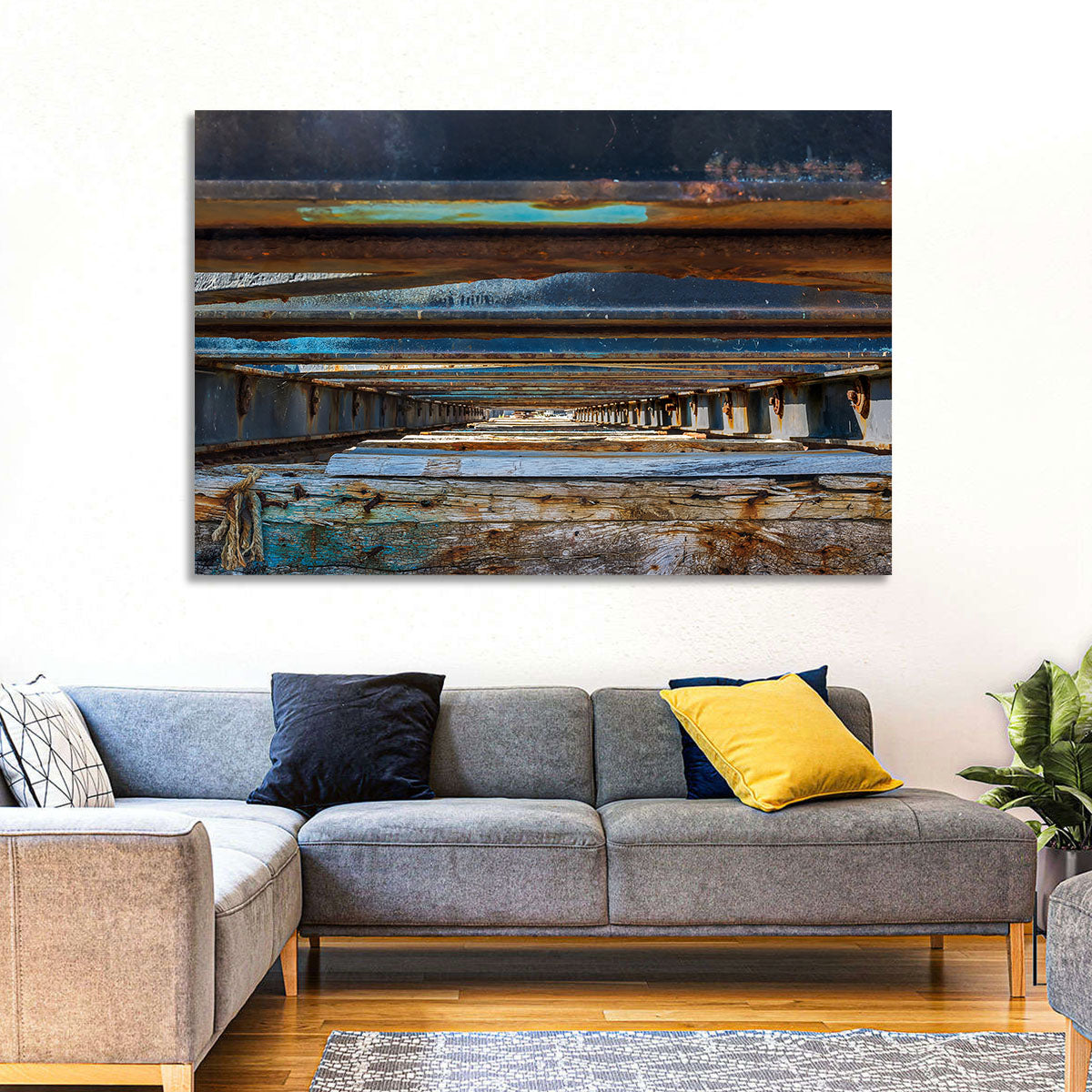 Weathered Dock Perspective Wall Art in a room, landscape
