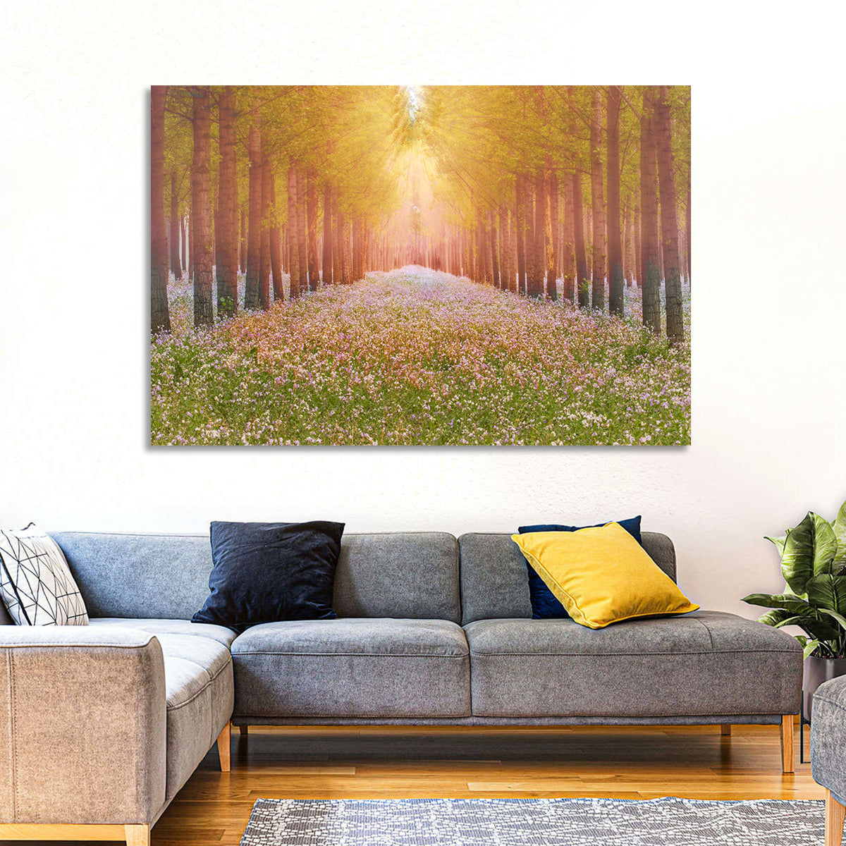 Golden Morning Forest Path Wall Art in a room, landscape