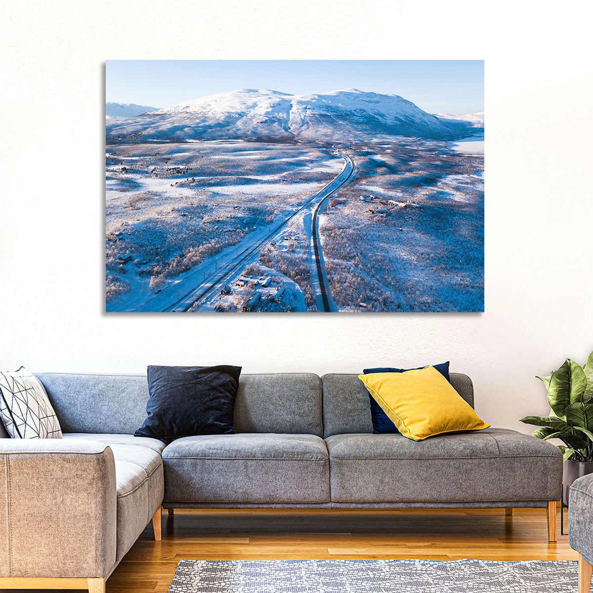 Snowy Valley with Parallel Tracks Wall Art in a room, landscape