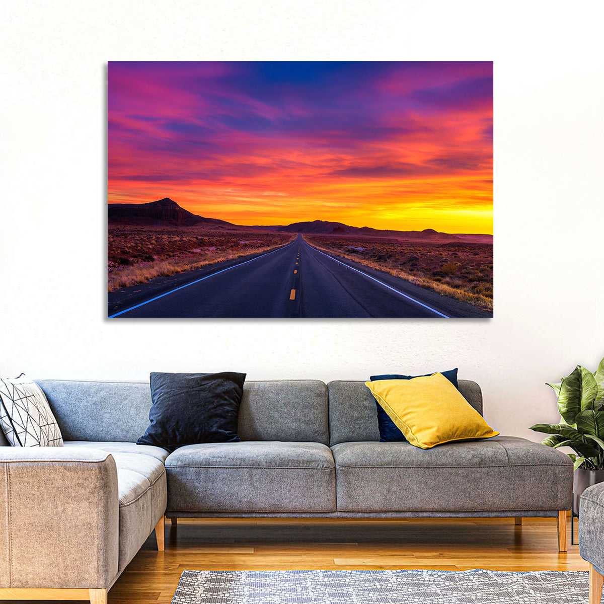 Infinite Desert Road Sunset Wall Art in a room, landscape