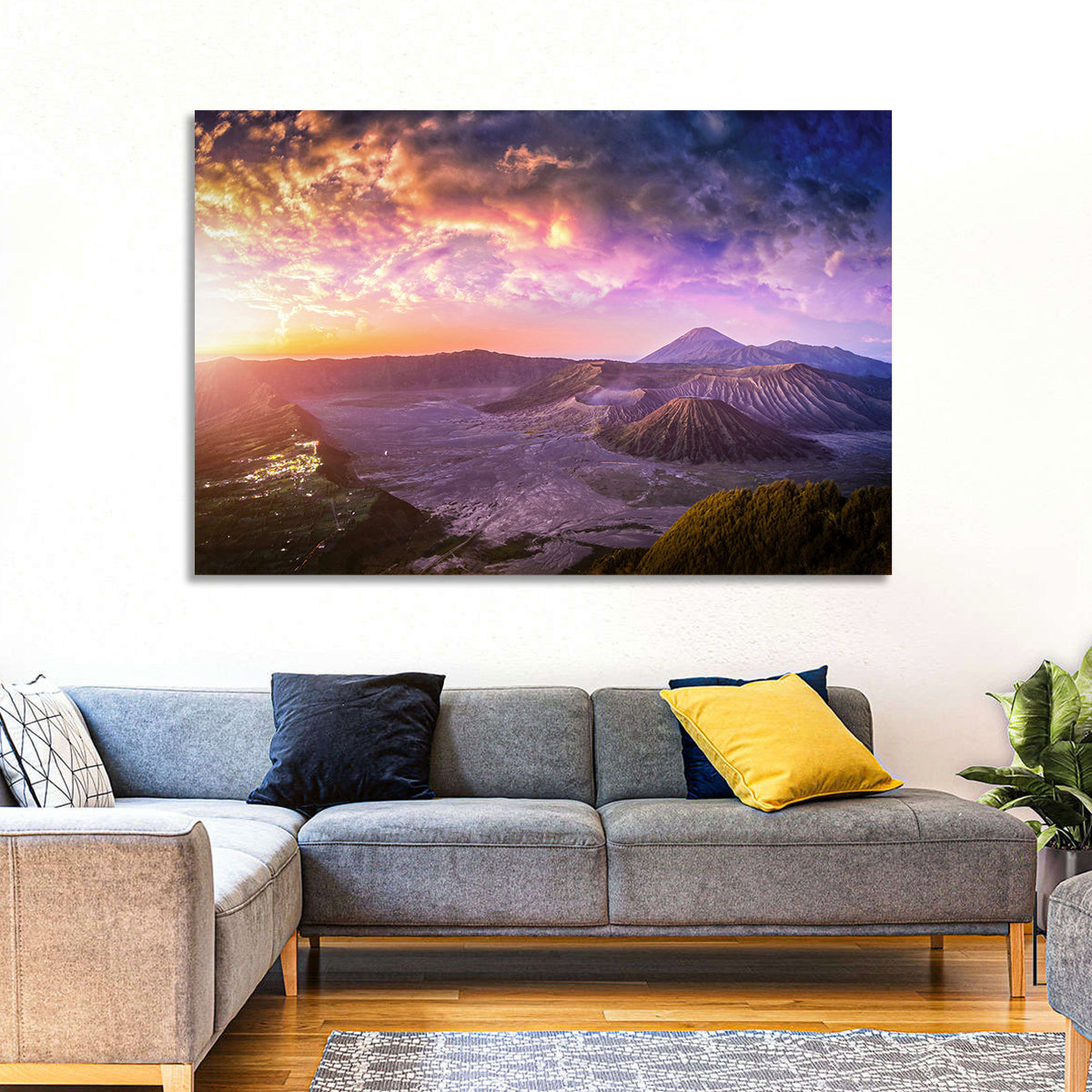 Mount Bromo Sunset View Wall Art in a room, landscape